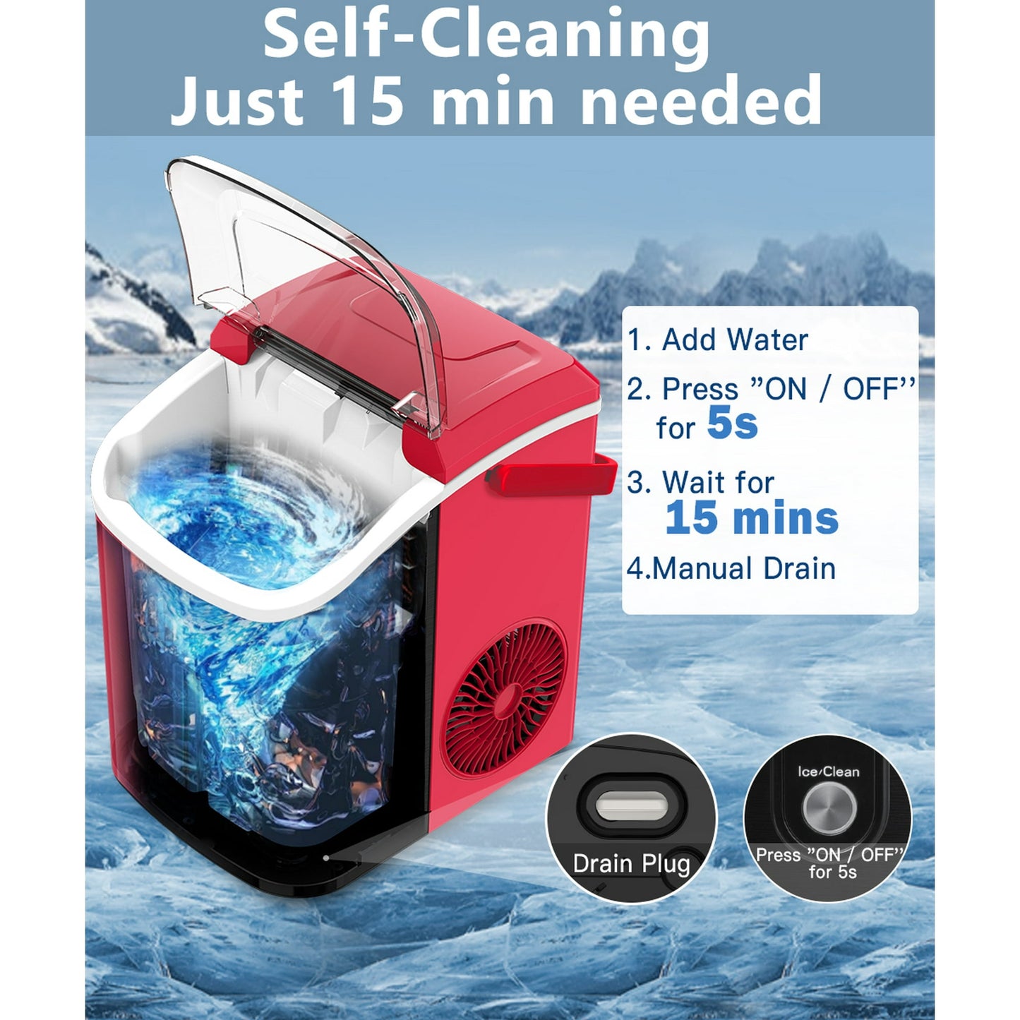 LHRIVER 35lbs Countertop Ice Maker, Crushed Nugget Ice Type with Scoop, Cubes Ready in 10 Mins, Red