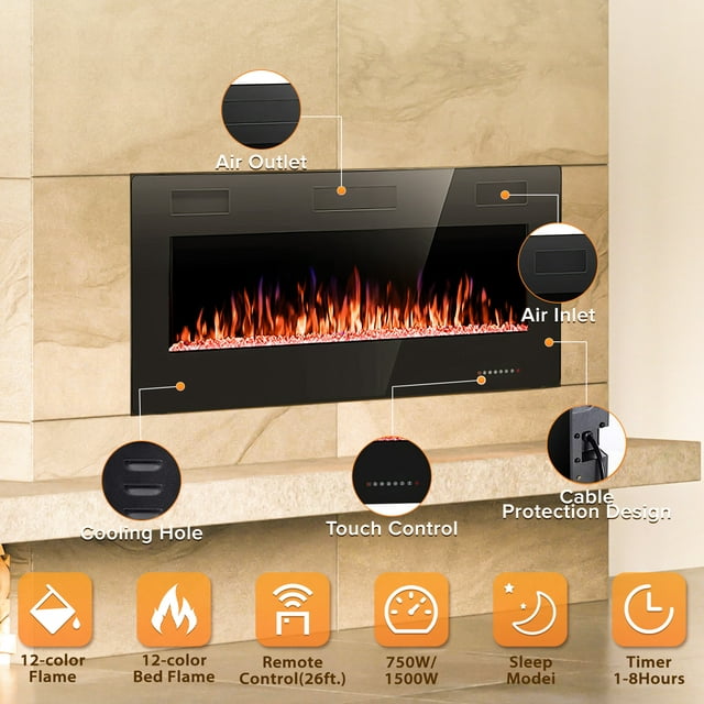LHRIVER Embedded Wall Mounted Indoor Electric Fireplace, 36 inch, Ultra-thin Low Noise Lightweight LED Fireplace Heater, Touch Screen, Timer, 1500W, Adjustable Flame Color and Speed, Black