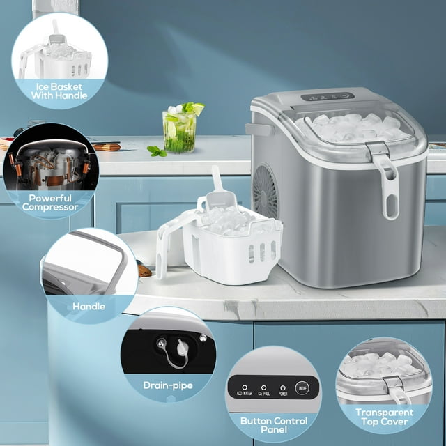 LHRIVER Countertop Ice Maker, Portable Ice Machine with Handle, 26Lbs/24H, 9Pcs/6Mins, One-Click Operation Ice Makers, with Ice Scoop and Basket, for Kitchen/Bar/Party - (Grey)