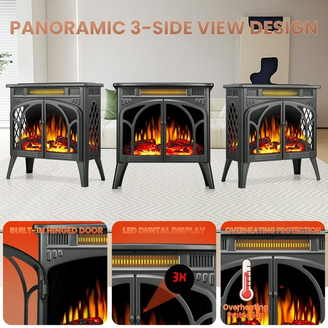 LHRIVER Electric Fireplace Heater 25’’ with 3D Realistic Flame Effect, Freestanding Fireplace, Different Flame Color, 500W/1500W,- GREY