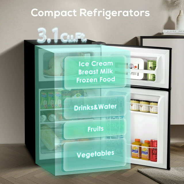 Havato Two-door Mini Fridge with Freezer and Handle, Compact Retro Refrigerator, Suitable for Dormitory, Office, Bar, RV and Bedroom, Black