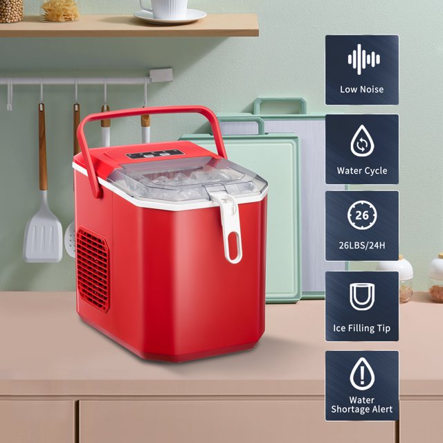 LHRIVER Portable Compact Self-cleaning Ice Maker With Handle and Ice Scoop, Bullet Ice Cubes, 9Pcs/8Min 26Lbs/24H for Home/Office/Bar/Party (Red)