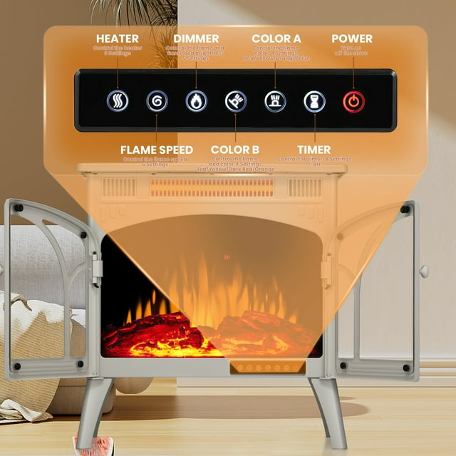 LHRIVER Electric Fireplace Heater 25’’ with 3D Realistic Flame Effect, Freestanding Fireplace, Different Flame Color, 500W/1500W,- BEIGE