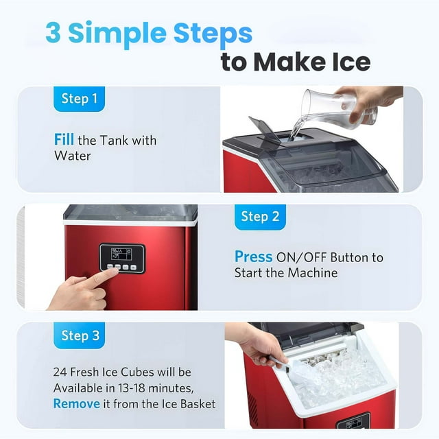 LHRIVER Ice Maker Machine,40LBS/24H, Portable Ice Cube Makers, Self-Cleaning, Easy-to-Control LCD Display, See-Through Lid for Office/Home/Bar (Red)