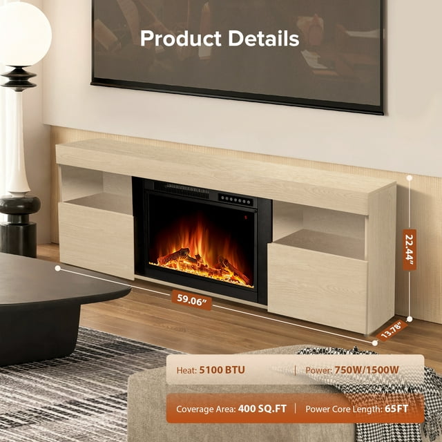 LHRIVER Free Standing Fireplace, Remote Control, 60'', Electric Fireplace Mantel, Adjustable Real 3D Flame Brightness