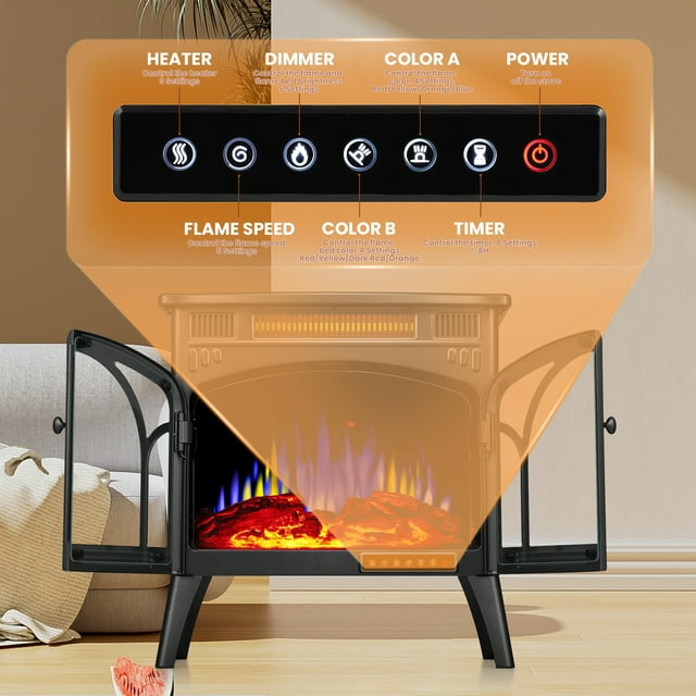 LHRIVER Electric Fireplace Heater 25’’ with 3D Realistic Flame Effect, Freestanding Fireplace, Different Flame Color, 500W/1500W,- GREY