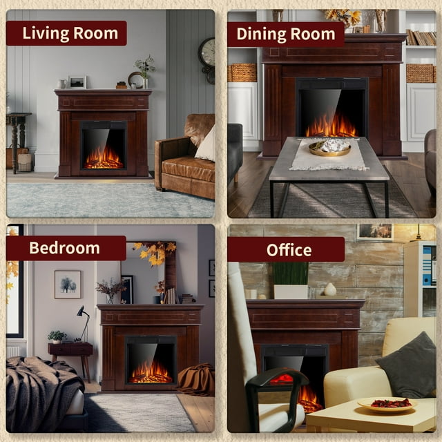 LHRIVER Freestanding Wooden Frame Fireplace with TV Stand, Electric Fireplace Mantel Heater, Various Brightness & Realistic Flames & Remote Control, Home/Office/Cafe,750W-1500W, Brown