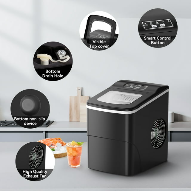 Havato Countertop Ice Maker 26lbs, 9 Pcs/6Mins, 2 Sizes of Bullet-Shaped w/Scoop & Basket, Black