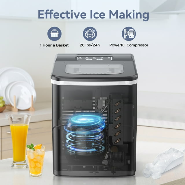 Havato Countertop Ice Maker 26lbs, 9 Pcs/6Mins, 2 Sizes of Bullet-Shaped w/Scoop & Basket, Black