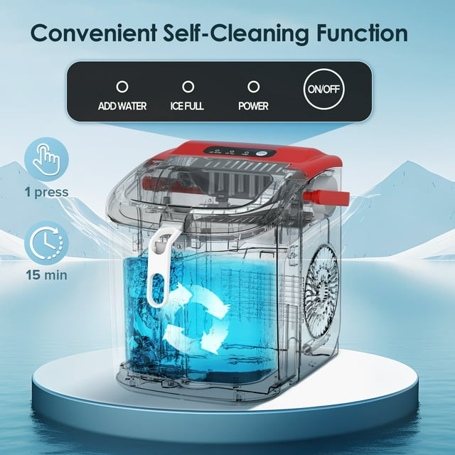 LHRIVER Countertop Ice Maker, Portable Ice Machine with Handle, 26Lbs/24H, 9Pcs/6Mins, One-Click Operation Ice Makers, with Ice Scoop and Basket, for Kitchen/Bar/Party - (Red)