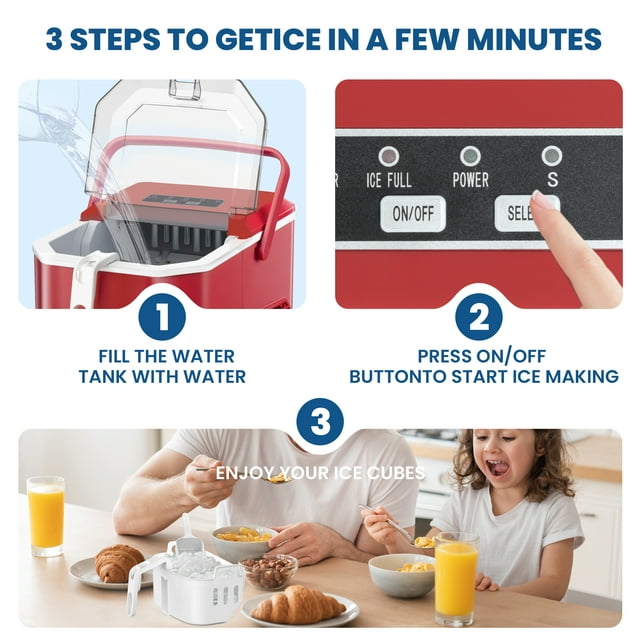 LHRIVER Portable Compact Self-cleaning Ice Maker With Handle and Ice Scoop, Bullet Ice Cubes, 9Pcs/8Min 26Lbs/24H for Home/Office/Bar/Party (Red)