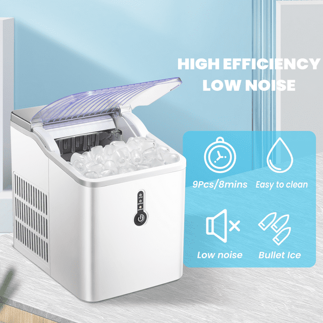 LHRIVER Portable Compact Ice Maker, Countertop Ice Maker Machine with Basket & Ice Scoop, Bullet Ice Cubes, Self-Cleaning, 9Pcs/8Min, 26Lbs/24H, Suitable for Home/Office/Bar/Party-Silver