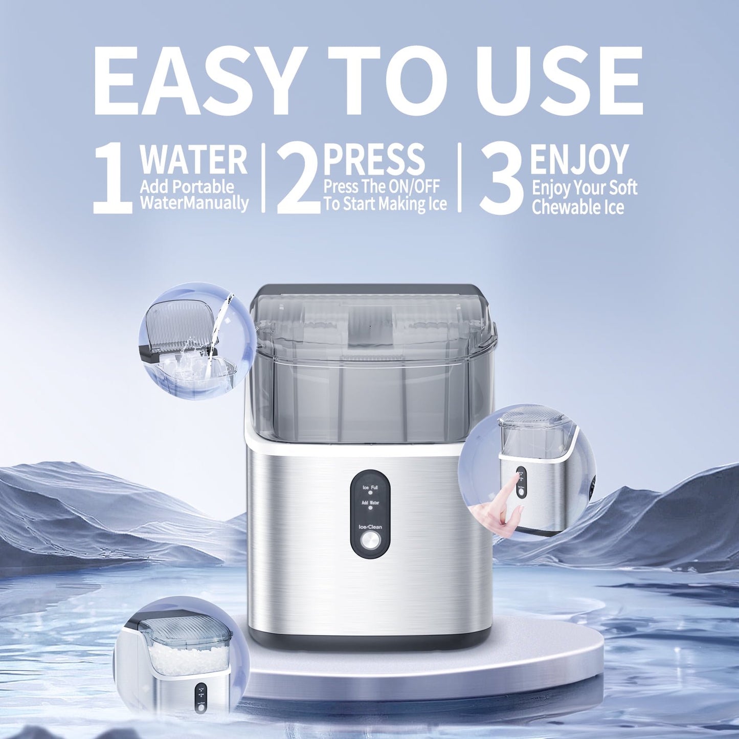Havato Nugget Portable Pellet Ice Maker with Self-Cleaning Function, 33lbs/24H, Easy Operate, Suitable for Home/Kitchen/Office and Parties, Stainless Steel Silver
