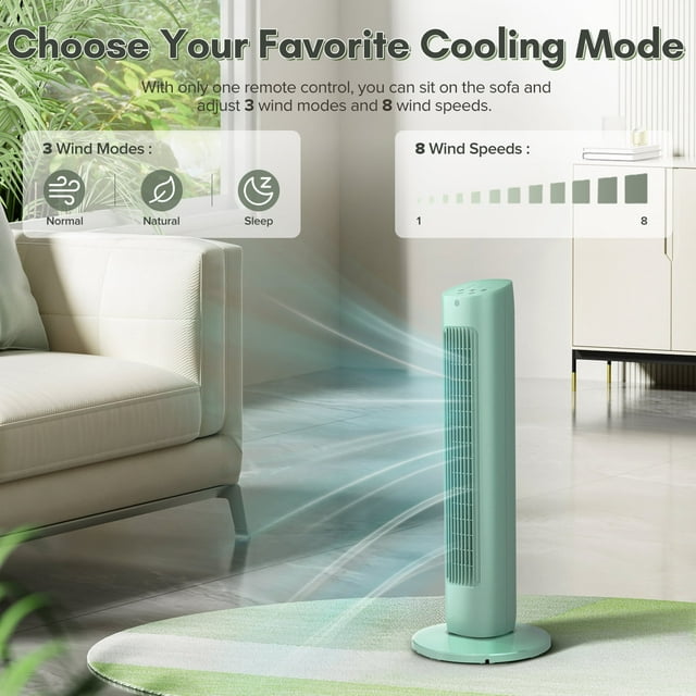 Havato Portable Independent Tower Fan, 360° Oscillating Fans, 3 Speeds, 15H Timer, 3-in-1 Fan Modes, Green