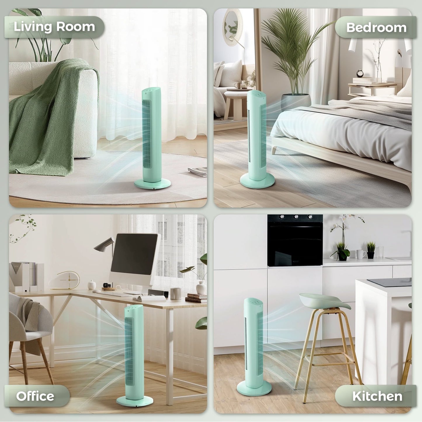 Havato Portable Independent Tower Fan, 360° Oscillating Fans, 3 Speeds, 15H Timer, 3-in-1 Fan Modes, Green