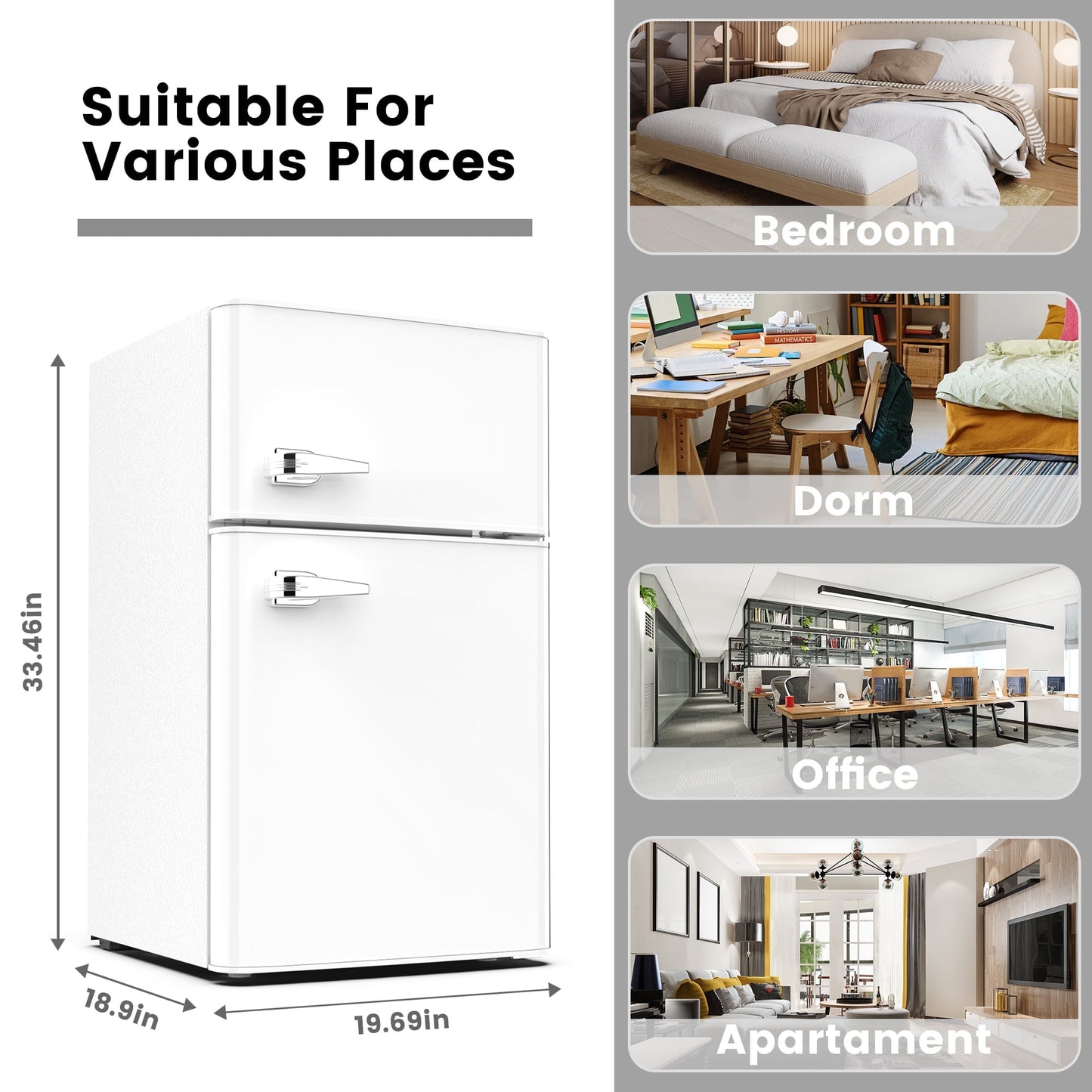 Havato 3.1 Cu.ft Double Door Mini Refrigerator, Quiet, Adjustable Temperature, Removable Shelves for Home/Kitchen/Office/Dormitory/Apartment - White