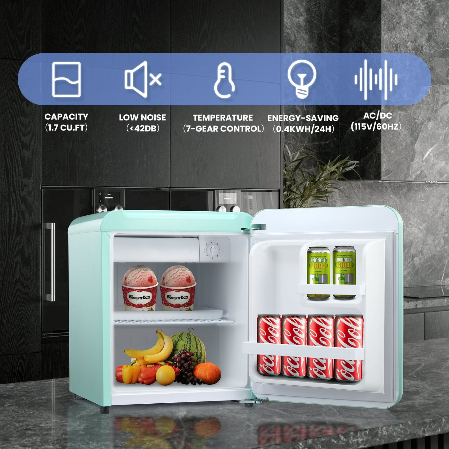 LHRIVER 1.7 Cu. Ft Mini Fridge with Freezer, Compact Refrigerator, Energy Saving, Adjustable Thermostat For Dorm / Office / Bedroom, Green