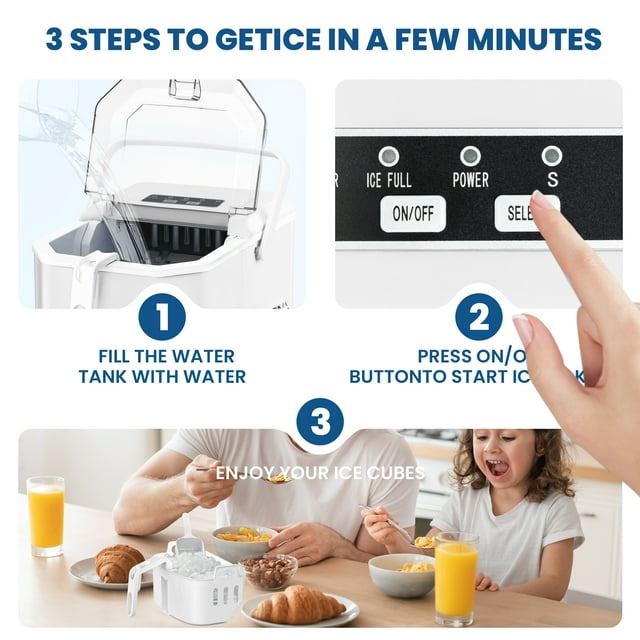 LHRIVER Portable Compact Self-cleaning Ice Maker With Handle and Ice Scoop, Bullet Ice Cubes, 9Pcs/8Min 26Lbs/24H for Home/Office/Bar/Party (White)