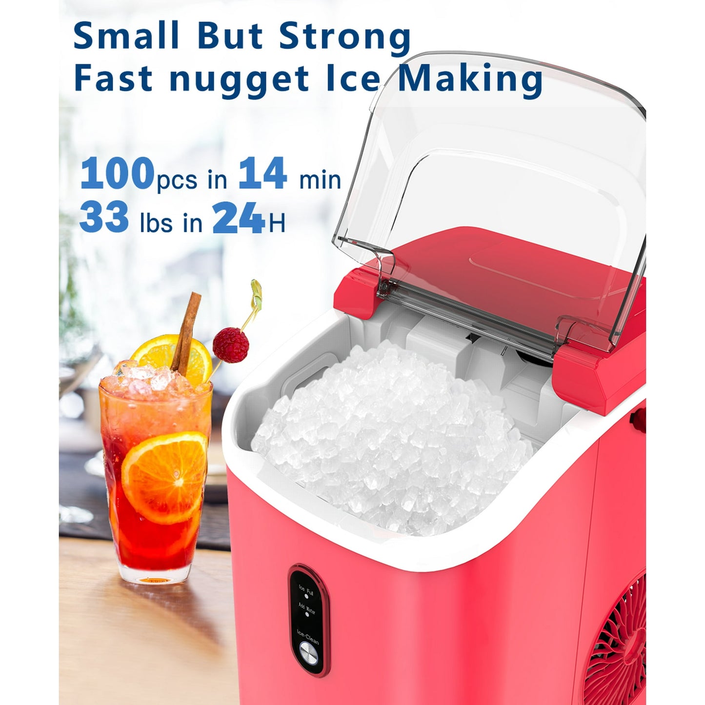 LHRIVER 35lbs Countertop Ice Maker, Crushed Nugget Ice Type with Scoop, Cubes Ready in 10 Mins, Red