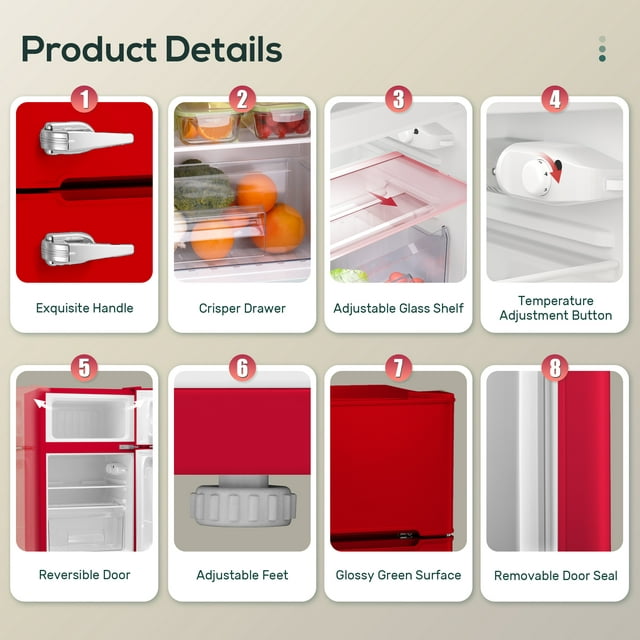 LHRIVER Mini Refrigerator 3.2Cu.Ft Compact Fridge 2-Double Doors with a Freezer Low Noise Defrost Storage of Beverages Vegetables and Fruits for Home Office Dorm