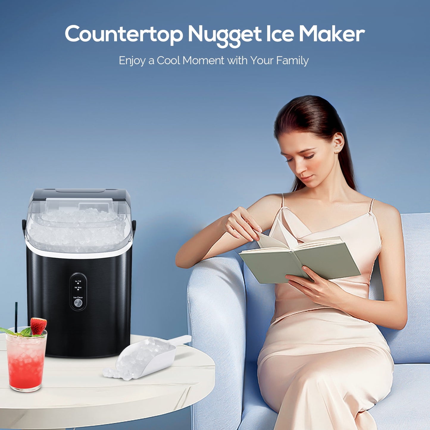 LHRIVER Portable Nugget Ice Maker Countertop, Self-Cleaning Function, 35lbs/24H, for Home/Office/Party Stainless Steel--Black
