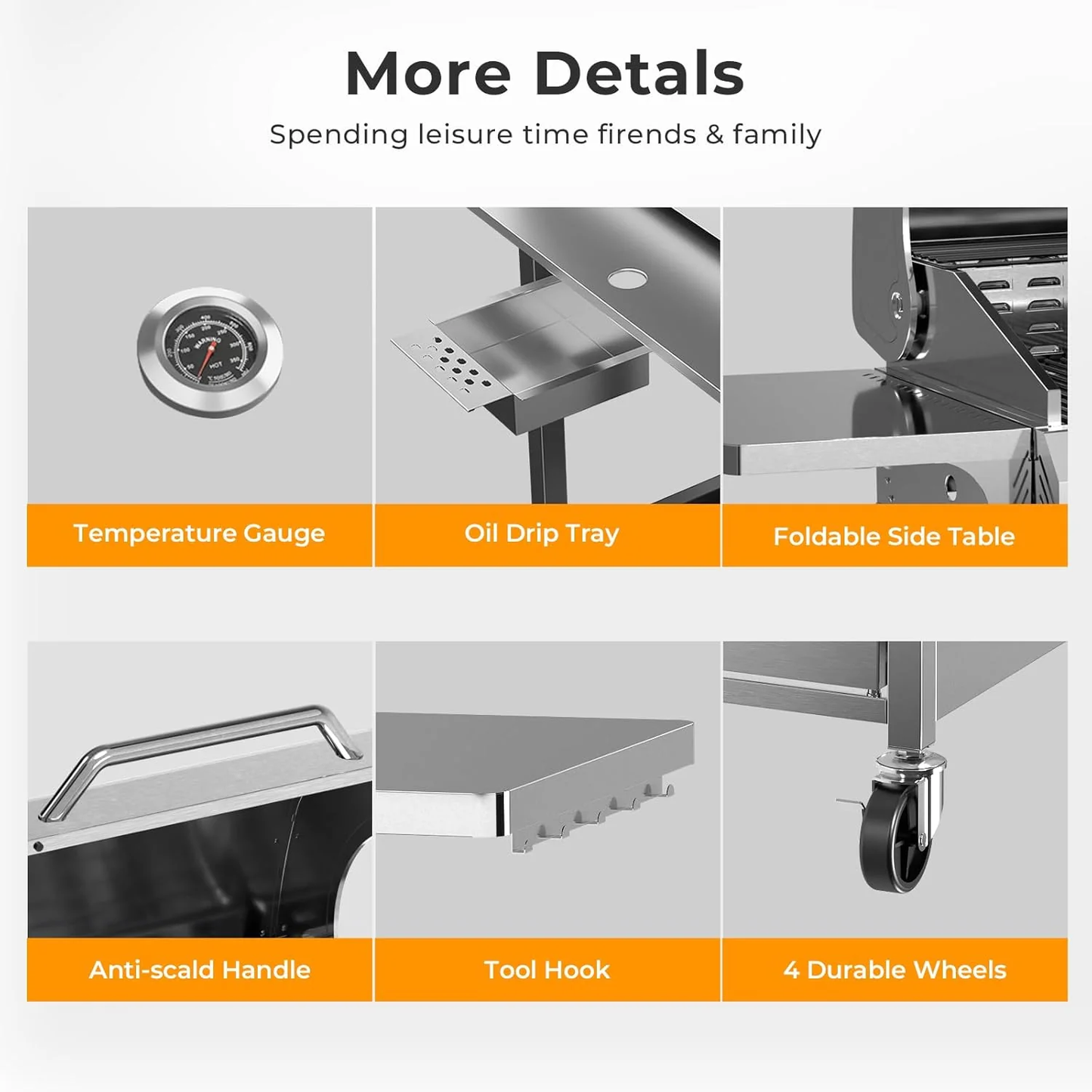 LHRIVER Stainless Steel Gas Grill, 3 Burner BBQ Grill with Tool Holders, 24000BTU