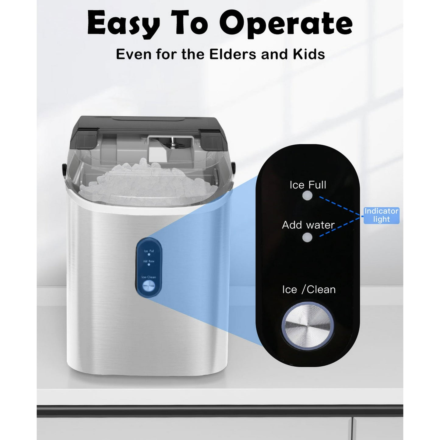 JOY PEBBLE 33lbs Stainless Steel Countertop Ice Maker, Crushed Nugget Ice Type with Scoop, Cubes Ready in 10 Mins, Silver