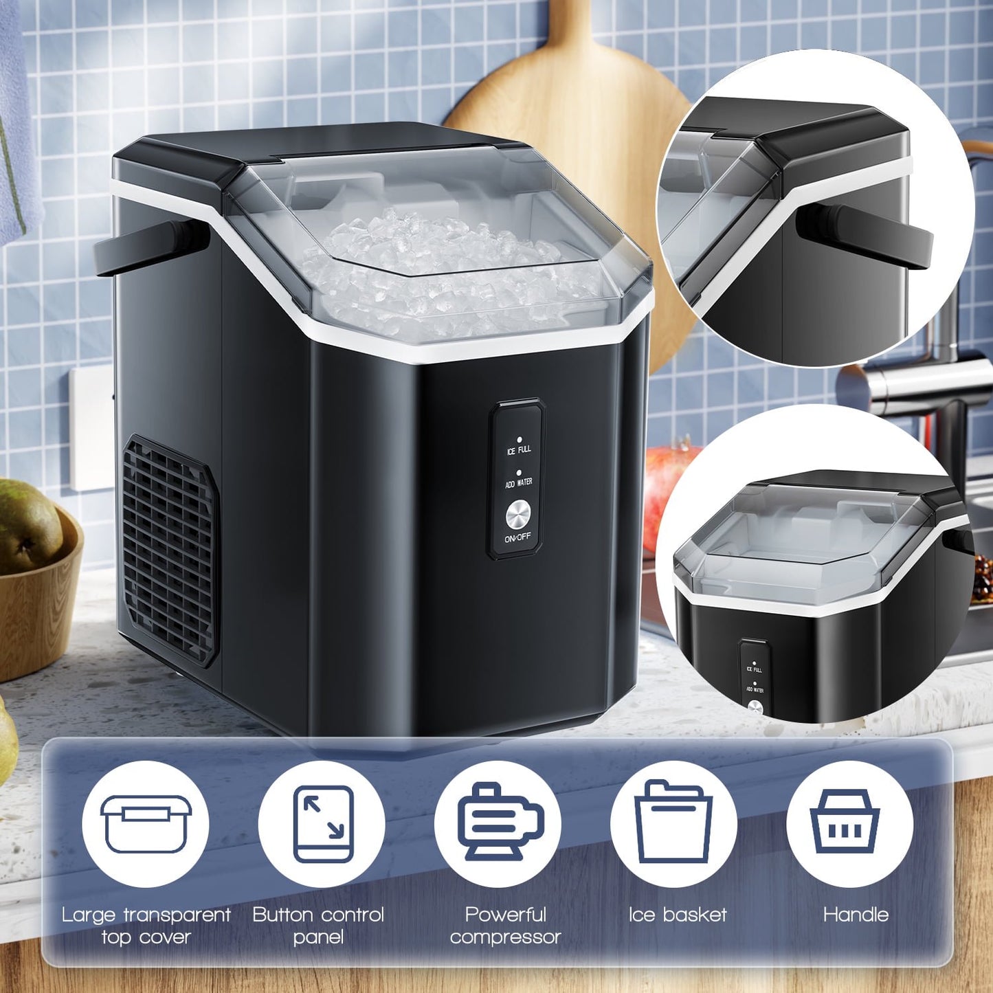 Havato Nugget Ice Maker, Extruded Ice & Chewed Ice, 34Lbs /24H, Self-Cleaning, Kitchen/Office/Party, Black
