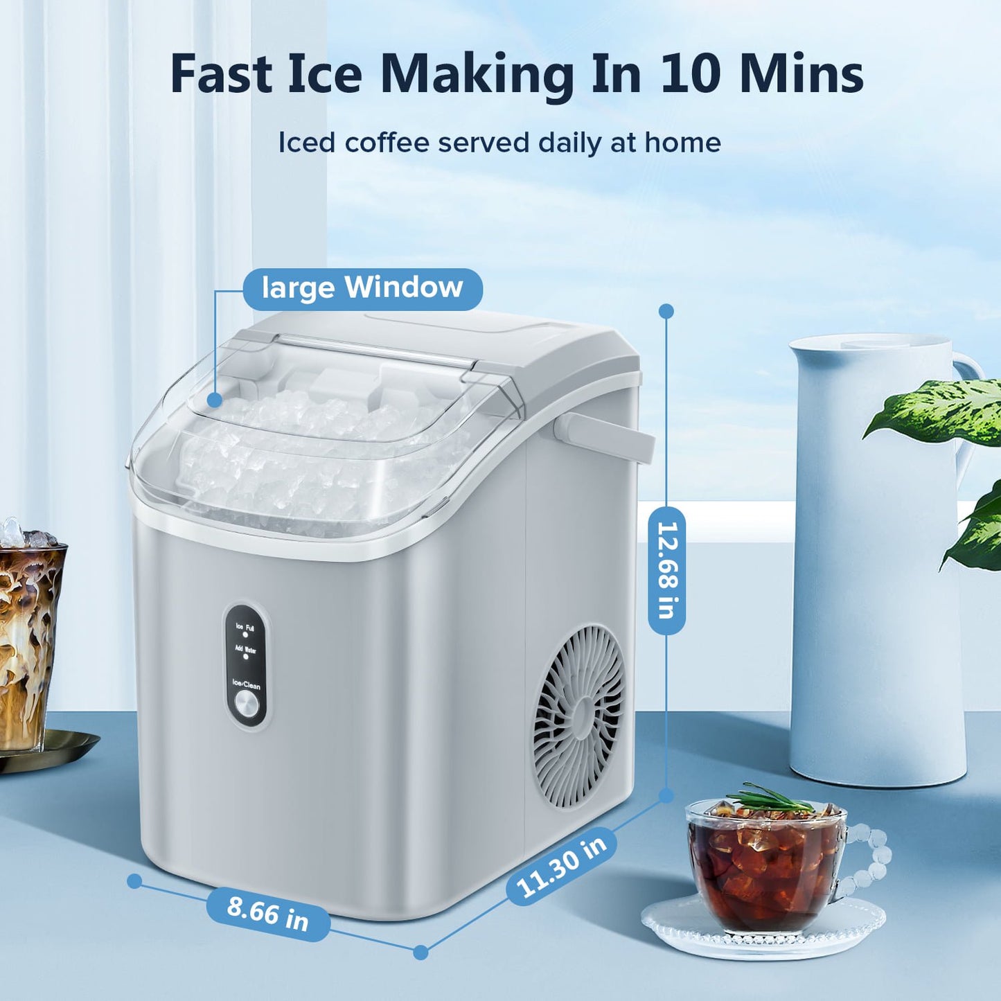 Havato Nugget Portable Ice Maker, 33lbs/24H, Self-Cleaning Function, First Choice for Home/Office/Parties , Grey