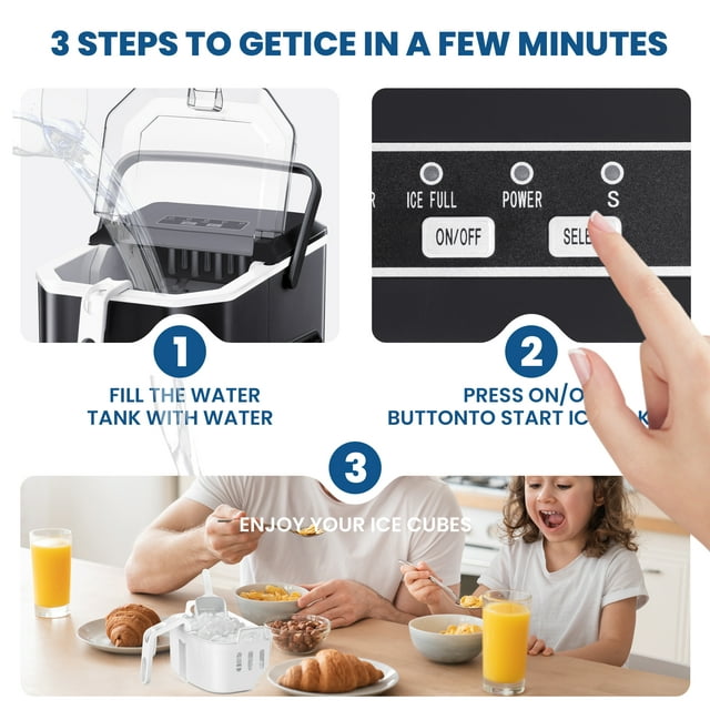 Havato Countertop Ice Maker, 9 Bullets of Ice Cubes in 6 Minutes, Adjustable Ice Cube Size, with Ice Basket, Ice Shovel, Handle and Ice Basket Handle, Black.