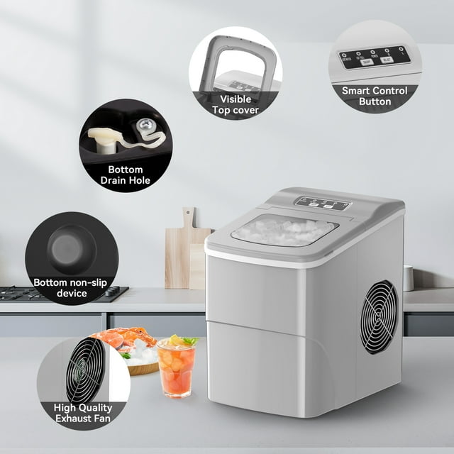 Havato Countertop Ice Maker 26lbs, 9 Pcs/6Mins, 2 Sizes of Bullet-Shaped w/Scoop & Basket, Grey