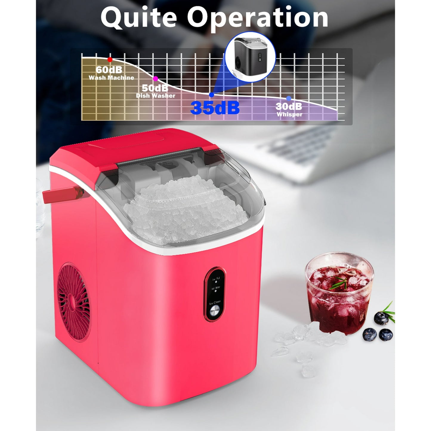 LHRIVER 35lbs Countertop Ice Maker, Crushed Nugget Ice Type with Scoop, Cubes Ready in 10 Mins, Red