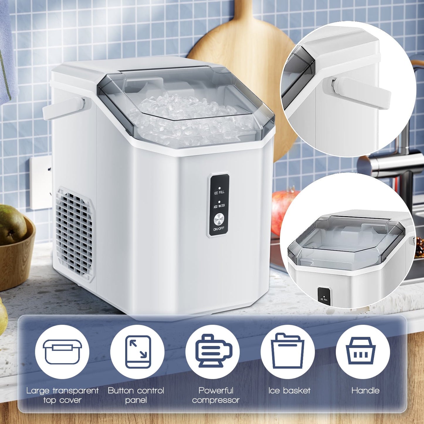 Havato Nugget Ice Maker, Extruded Ice & Chewed Ice, 34Lbs /24H, Self-Cleaning, Kitchen/Office/Party, White