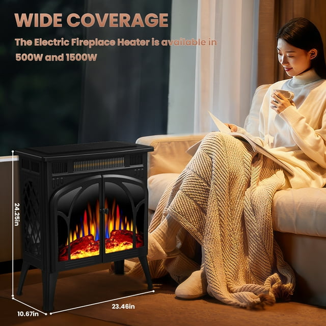 LHRIVER Electric Fireplace Heater 25’’ with 3D Realistic Flame Effect, Freestanding Fireplace with Remote Control, 500W/1500W, Black