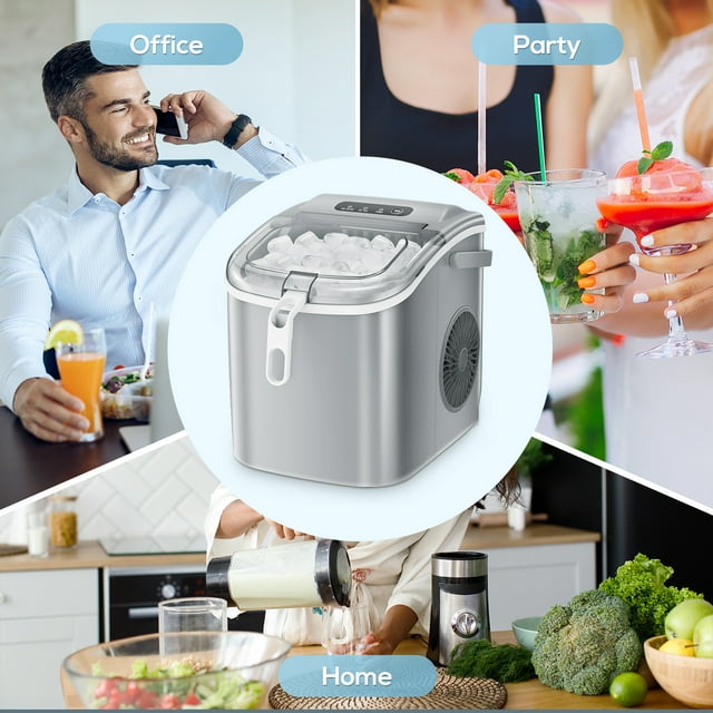 LHRIVER Countertop Ice Maker, Portable Ice Machine with Handle, 26Lbs/24H, 9Pcs/6Mins, One-Click Operation Ice Makers, with Ice Scoop and Basket, for Kitchen/Bar/Party - (Grey)