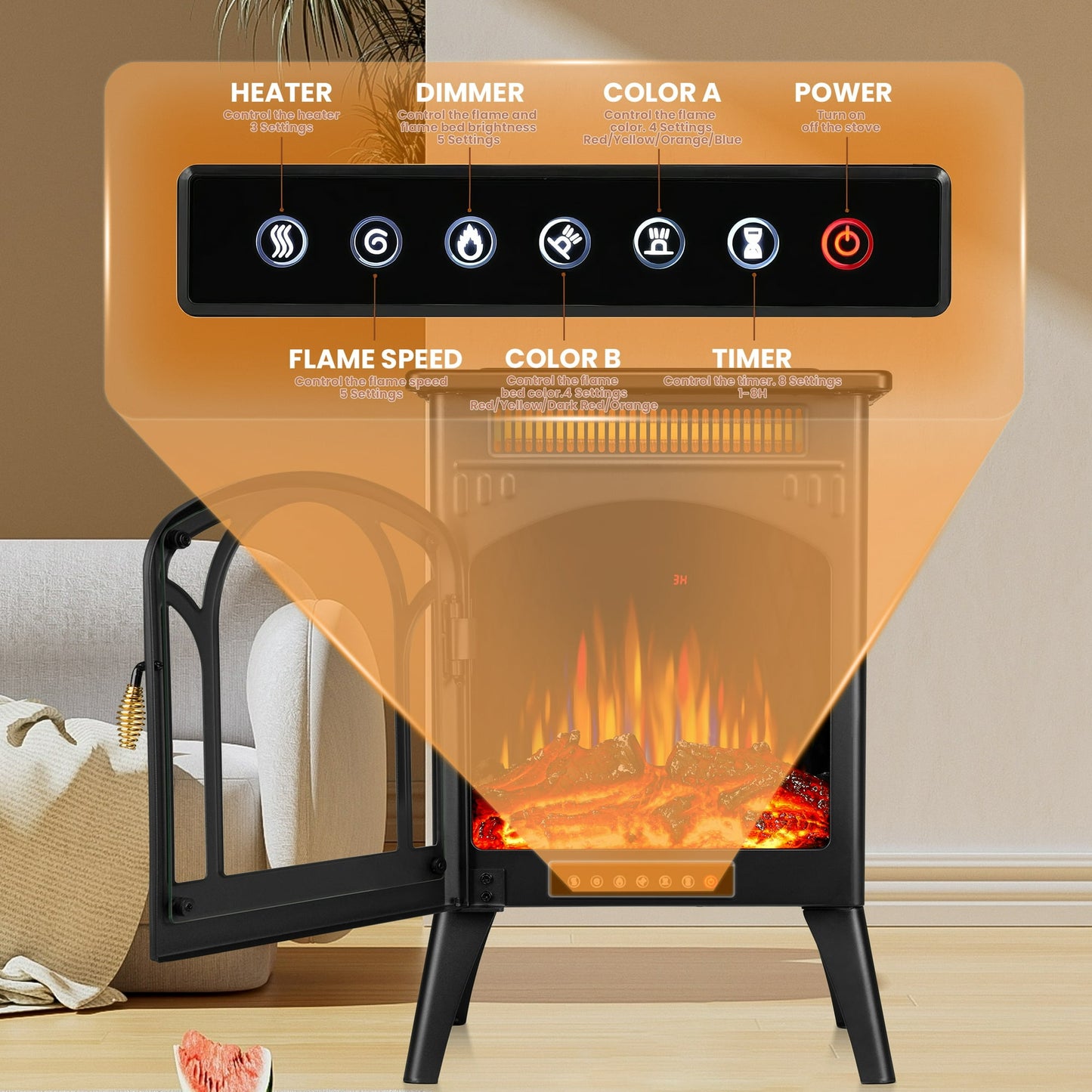 LHRIVER Electric Fireplace Heater 16’’ with 3D Realistic Flame Effect, Freestanding Fireplace, Different Flame Color, 500W/1500W,- BLACK