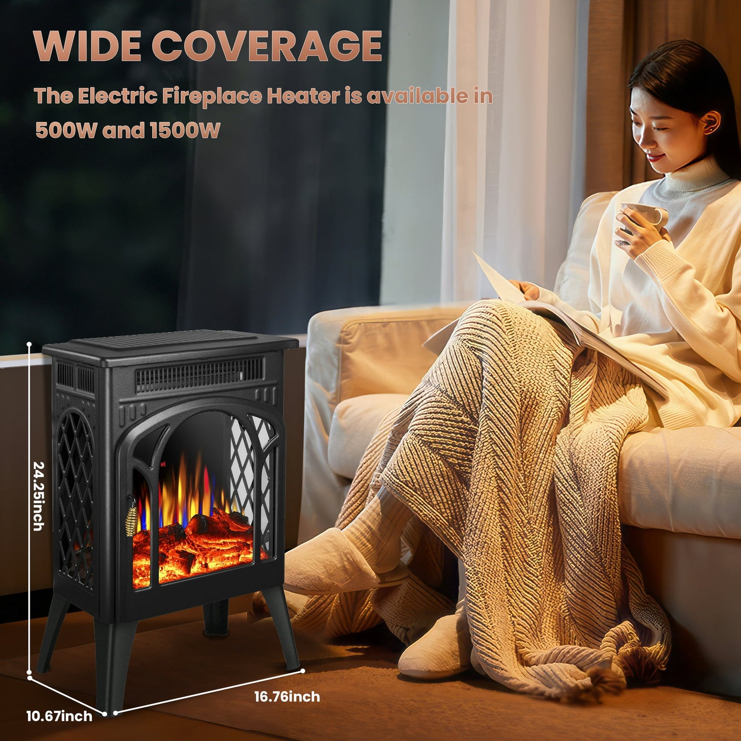 LHRIVER Electric Fireplace Heater 16’’ with 3D Realistic Flame Effect, Freestanding Fireplace, Different Flame Color, 500W/1500W,- BLACK