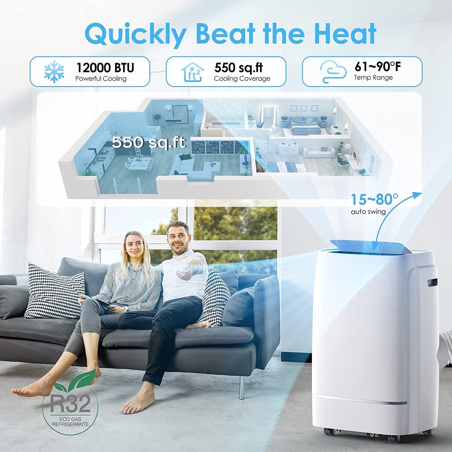 Havato 8150BTU (12000 BTU ASHRAE) Portable Air Conditioner, 550 sq. ft, Quiet 3-in-1 Portable AC Unit, Wide Oscillation, 24H Timer, Air Conditioner Portable for Room, Remote Control