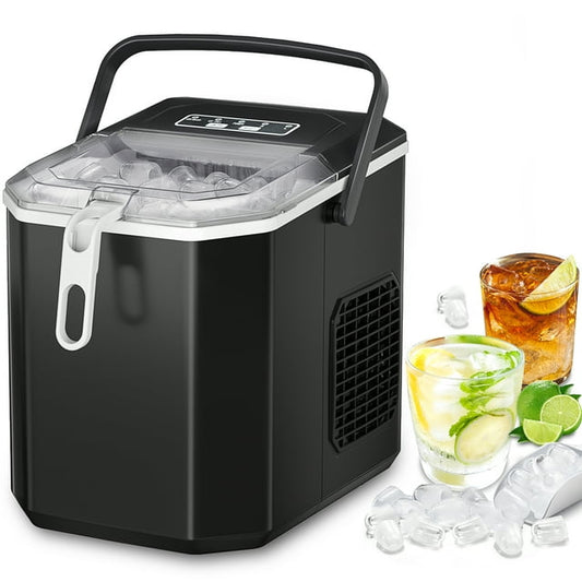Besttey Countertop Ice Maker, 26lbs/Day, 2 Ice Sizes(S/L), Self-Cleaning w/ Ice Scoop and Basket, Handle Ice Machine, Black