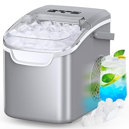 Havato Ice Makers Countertop with Handle, 26.5 Lbs / 24 H, 8 Cubes in 6 Mins, Portable Machine with Self-Cleaning, Perfect for Home Kitchen (Grey)