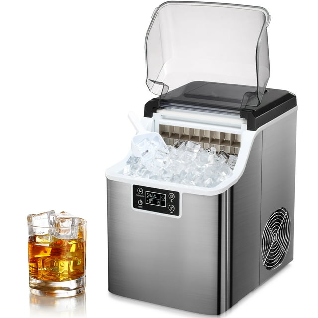 Havato Table Ice Maker, with Automatic Cleaning Function and 24-Hour Timer Function, 44lbs /24H, Suitable for Home/Office/Bar/Party, Stainless Steel Color