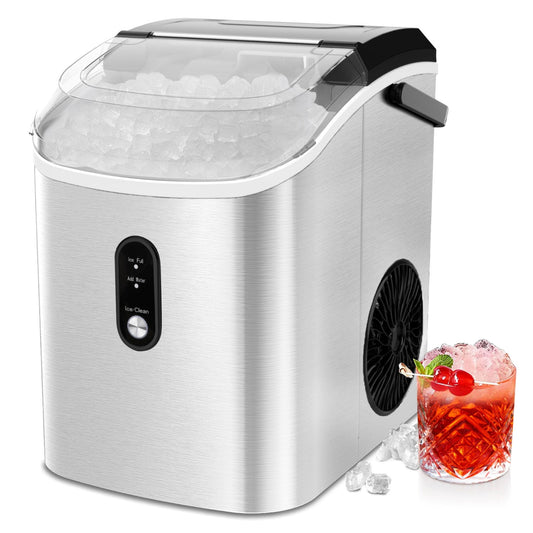 JOY PEBBLE 33lbs Stainless Steel Countertop Ice Maker, Crushed Nugget Ice Type with Scoop, Cubes Ready in 10 Mins, Silver