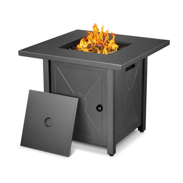 LHRIVER 28" Outdoor Propane Fire Pit Table with Lid, 50000 BTU Heat Output, Metal Stove with Lava Rocks, for Picnics/Bonfires/Patio Gardens