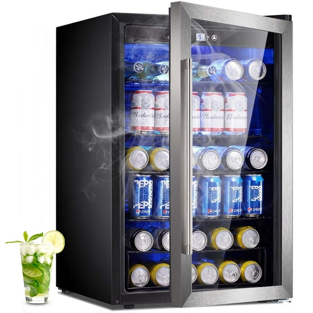 LHRIVER 4.4Cu.ft Beverage Refrigerator Cooler, 37 Bottles Mini Fridge with Glass Door for Soda Beer or Wine, With Adjustable Removable Shelves