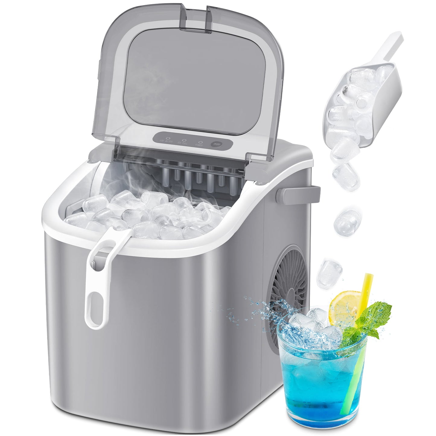LHRIVER Countertop Ice Maker, Portable Ice Machine with Handle, 26Lbs/24H, 9Pcs/6Mins, One-Click Operation Ice Makers, with Ice Scoop and Basket, for Kitchen/Bar/Party - (Grey)