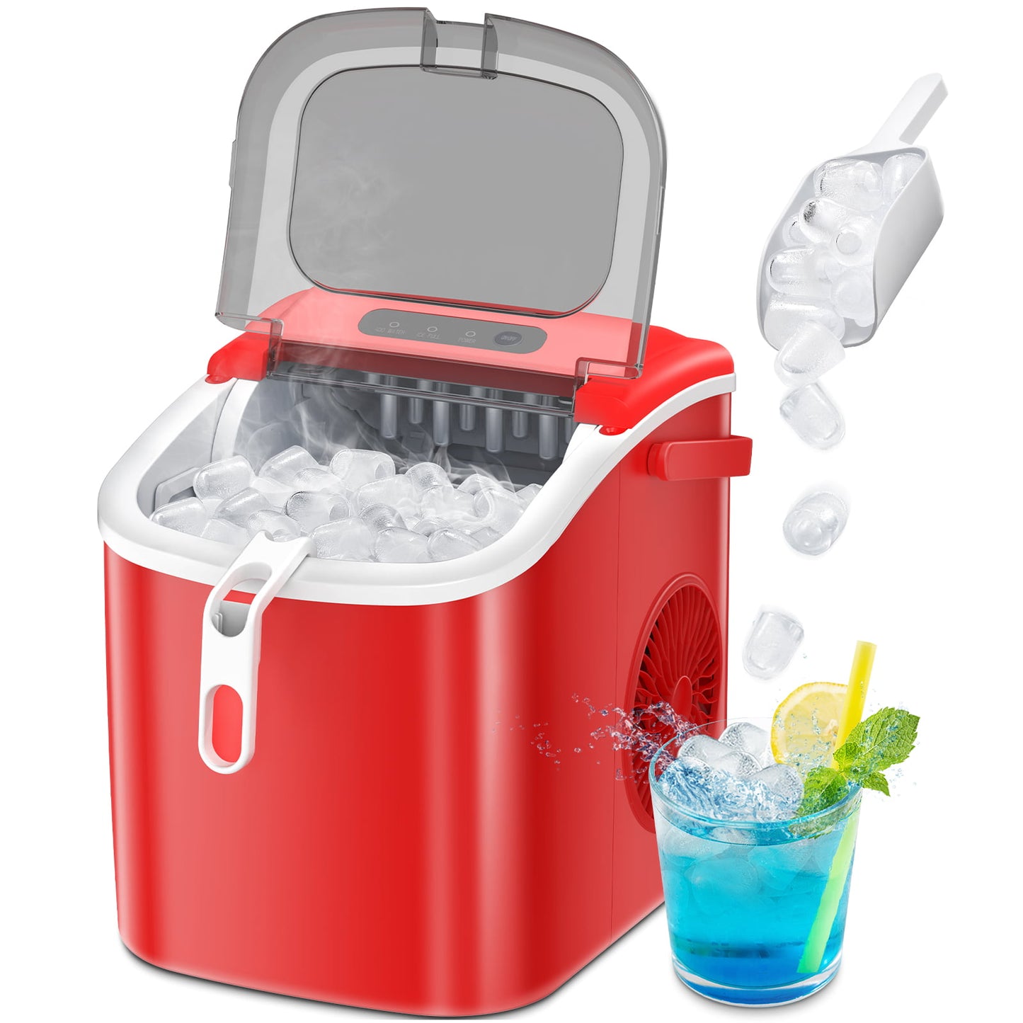LHRIVER Countertop Ice Maker, Portable Ice Machine with Handle, 26Lbs/24H, 9Pcs/6Mins, One-Click Operation Ice Makers, with Ice Scoop and Basket, for Kitchen/Bar/Party - (Red)