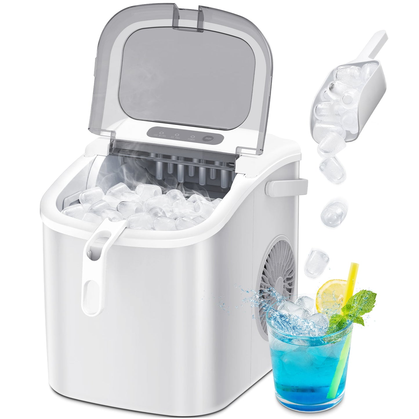 LHRIVER Countertop Ice Maker, Portable Ice Machine with Handle, 26Lbs/24H, 9Pcs/6Mins, One-Click Operation Ice Makers, with Ice Scoop and Basket, for Kitchen/Bar/Party - (White)