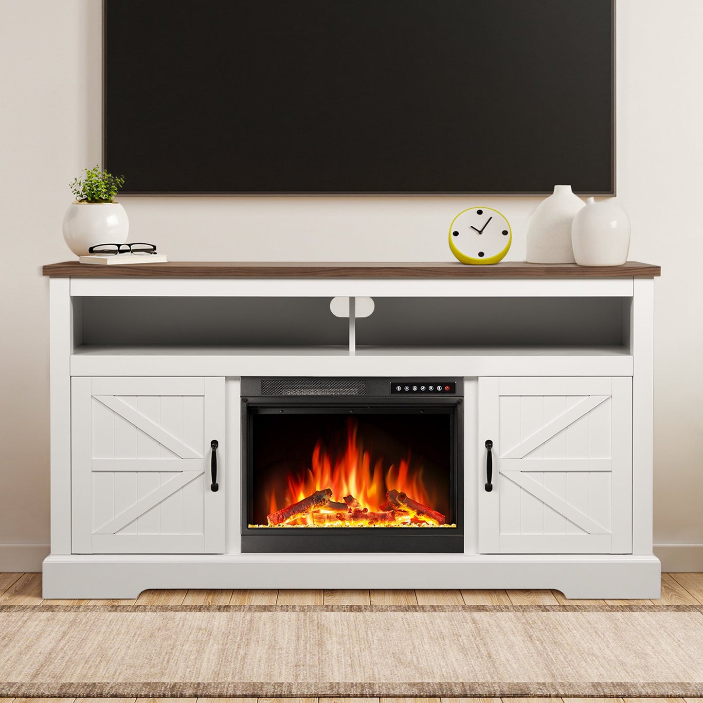 LHRIVER Electric Fireplace, 60"Heater Wooden Surround Firebox, Adjustable LED Flame, Remote Control, 750W-1500W, Fireplace TV Stand (Walnut)