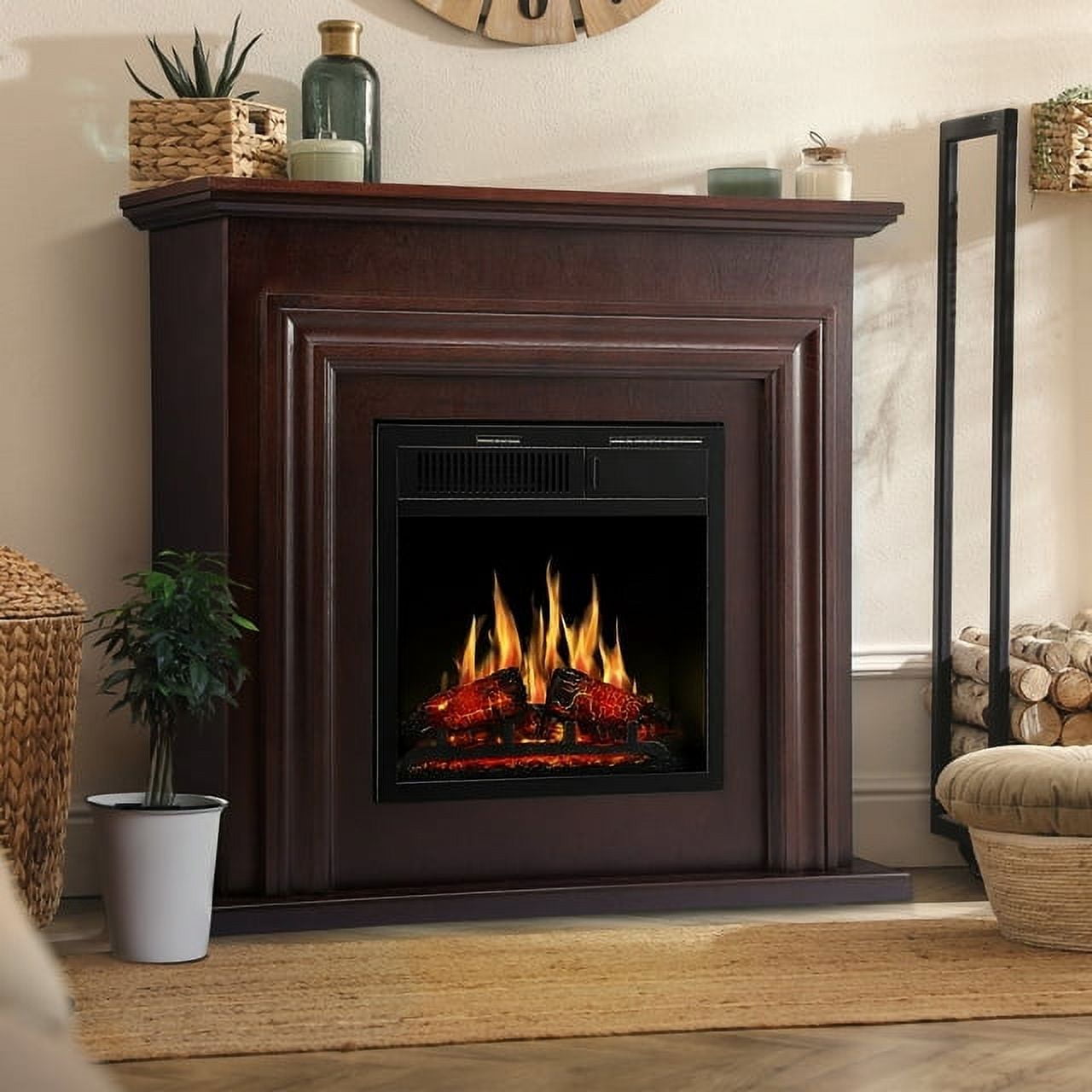 LHRIVER Electric Fireplace, Free Standing Fireplace, with Remote Control, Adjustable LED Flame, 750W/1500W -(Brown)