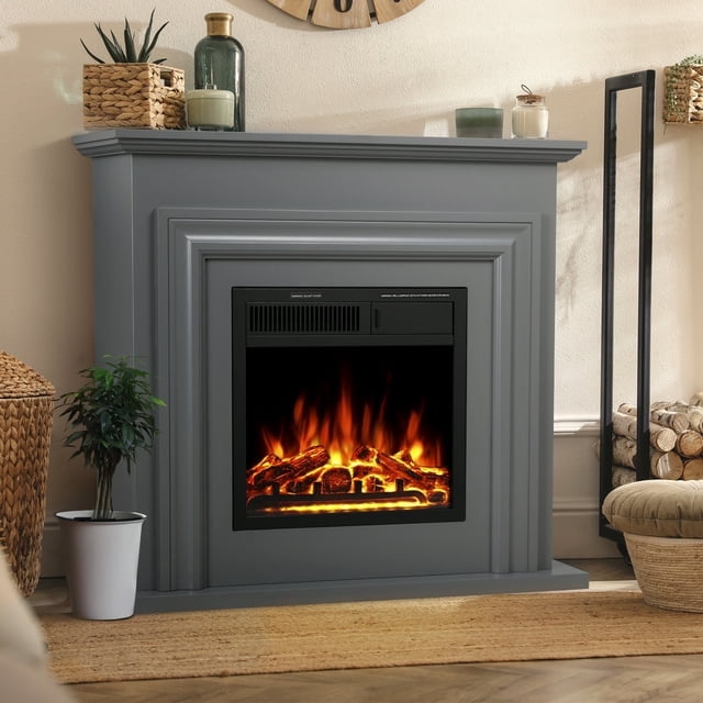 LHRIVER Electric Fireplace, Free Standing Fireplace, with Remote Control, Adjustable LED Flame, 750W/1500W -(Grey)